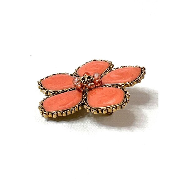 Large Vintage Flower Brooch Pearlized Coral Swirl Gold Tone Frame 2 3/16" - Picture 3 of 10